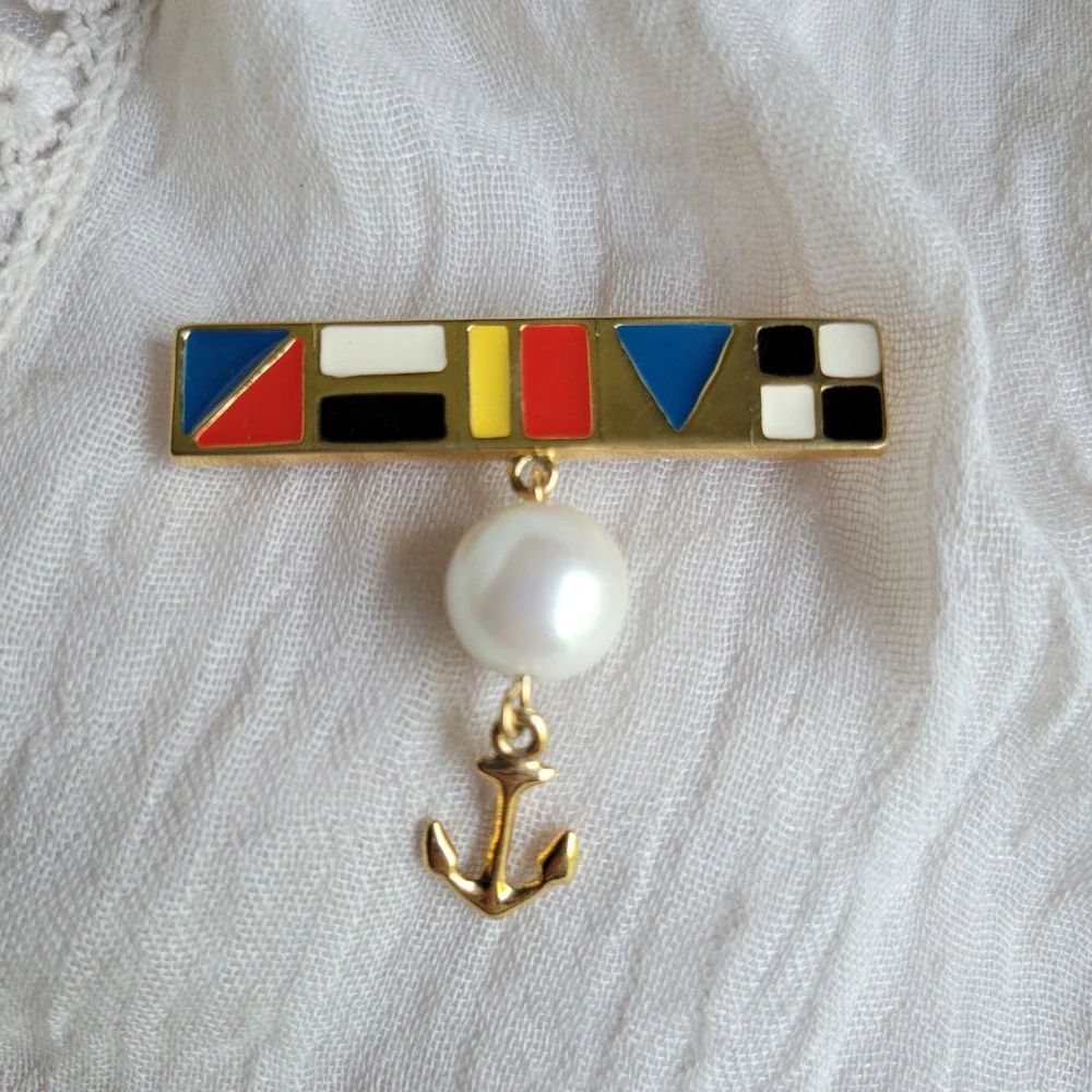 Vintage 1990s Marvella Nautical Enamel Bar Brooch Gold Pearl Anchor Pin